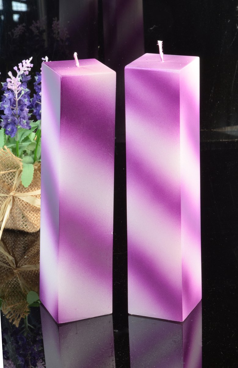 Candles by Milanne, Kwadrant Kaars Lang 22 cm, set van 2 stuks lila met wit metallic
