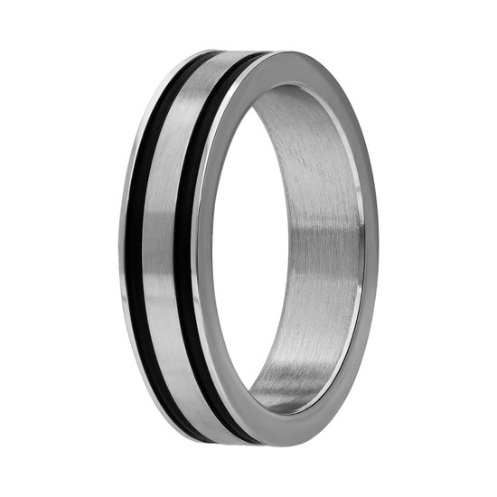 Lucardi Kinder Stalen ring met 2 zwarte strepen - Ring - Staal - Zilver - 14 / 44 mm