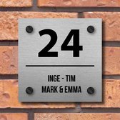 Naambordje voordeur - naambordjes - naambordje voordeur met huisnummer - naambordje huisnummer - 15x15cm - Brushed Aluminium - Incl. Bevestigingsset + afstandhouders | Vierkant, variant #14