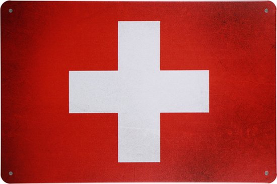 Muurplaat - Zwitserlands vlag - Wandbord - Metal sign - Tekstbord - Metalen wandborden - Mancave decoratie - 20 x 30cm - Cave & Garden