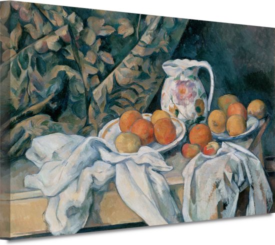 Stilleven met een gordijn - Paul Cézanne schilderijen - Fruit portret - Muurdecoratie Oude meesters - Muurdecoratie industrieel - Canvas schilderijen woonkamer - Schilderijen 70x50 cm