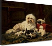 Hond met vijf puppies - Henriëtte Ronner-Knip schilderij - Honden wanddecoratie - Canvas schilderijen Dieren - Muurdecoratie modern - Canvas schilderijen woonkamer - Slaapkamer accessoires 60x40 cm
