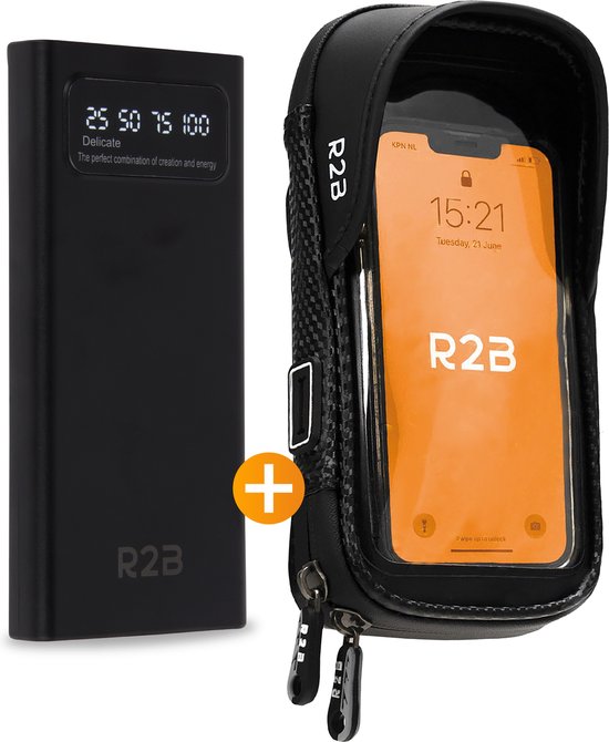 R2B® Robuuste Telefoonhouder Fiets Waterdicht + Powerbank 10.000 mAh - 2 tot 4 keer opladen - Gsm Houder Fiets - Model Leiden