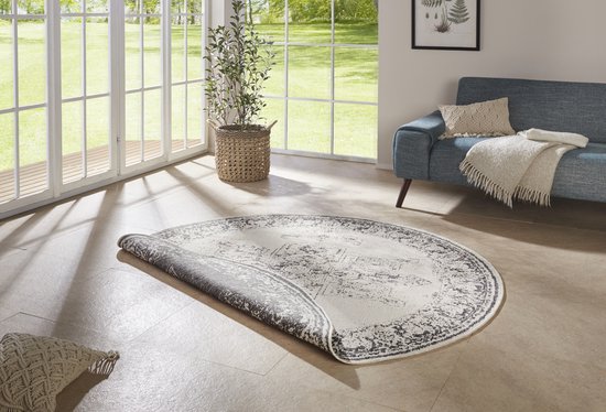 Flycarpets Omkeerbaar Rond Buitenkleed / Vloerkleed - Borbon - Grijs / Creme - Laagpolig Tuintapijt / Buitentapijt / Tuinkleed - 200 cm