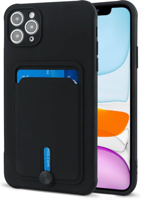 Foto: Silicone hoesje geschikt voor iphone 11 pro push pull case met pasjeshouder tpu hoes met vakje voor pasje card case back cover zwart