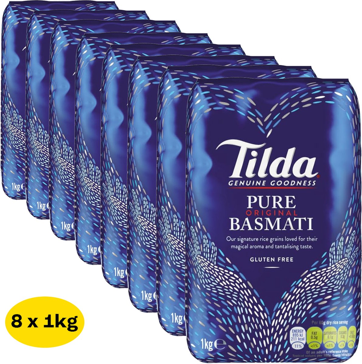 Tilda Pure Original Basmati Rijst - 8 x 1000 Gram Multi Voordeelverpakking Basmatirijst - Rijstkorrels met Aroma en lichte Textuur - Afkomstig uit de Himalaya - Vegetarisch - Glutenvrij