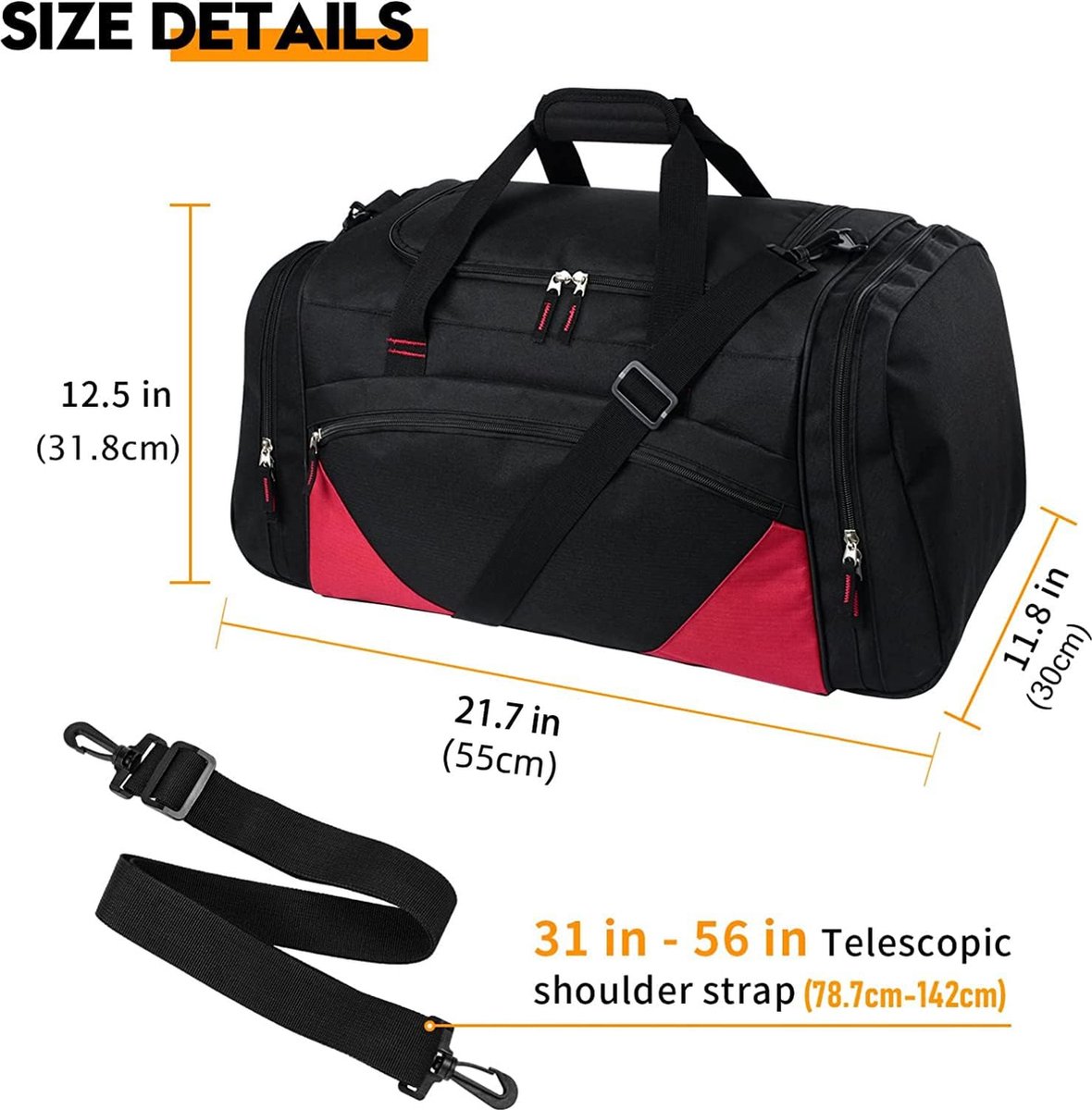 Sac De Sport 55L Holdall - Sac Week-End Gym, Fitness - Bandoulière, Léger Et Résistant - Homme/Femme - Noir