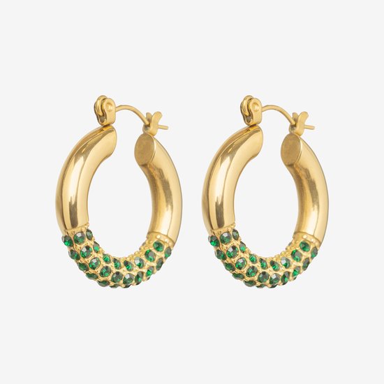 Essenza Green Stones Hoop Earrings Gold
