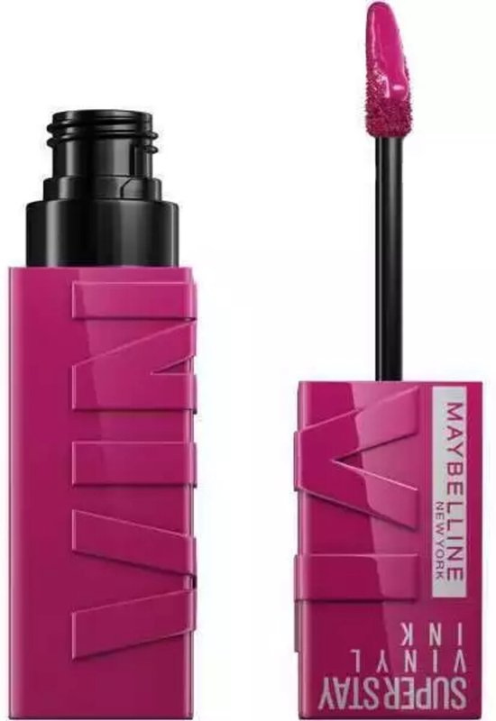 Flesje en applicator van Maybelline SuperStay Vinyl Ink in de kleur 'Unafraid', een fuchsia roze.