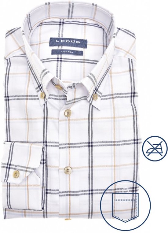 Ledub modern fit overhemd - wit met blauw en beige geruit - Strijkvrij - Boordmaat: