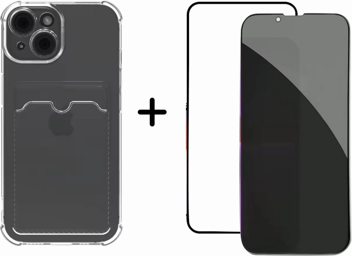 Optimity hoesje voor iPhone 14 Clear Case met Cardholder Transparant + Gehard Glas Schermbeschermer