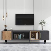 Gran Vida® - TV Meubel - Modern Design - Grijs met Hout Accenten - Neerklapbare Glazen Deur - 200 x 40 x 55cm