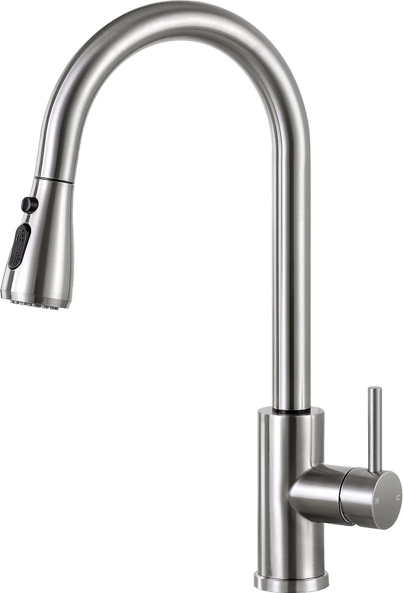 Kraan voor de keuken, uittrekbaar, keukenkraan met sproeikop, uittrekbare spoelbakarmatuur keuken, twee sproeifuncties, armatuur keuken, 360 graden draaibaar, mengkraan keuken, uittrekbaar