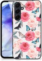 Telefoontas Geschikt voor Samsung Galaxy A55 Smartphone Hoesje met Zwarte rand Butterfly Roses