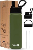 VANN® 3-Wandige Waterfles 650 ML met rietje voor volwassenen – Met 5 accessoires – Bidon RVS – 24 uur koud/12 uur warm – Groen