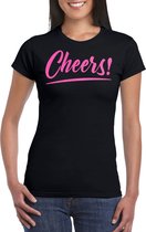 Bellatio Decorations Verkleed T-shirt voor dames - cheers - zwart - roze glitter - carnaval XXL