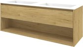 Proline Polystone Elegant badmeubelset met wastafelonderkast met open schap en glans witte wastafel zonder kraangaten 140 x 46 x 54 cm, ideal oak