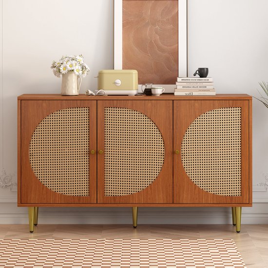 Sweiko Kast met 3 rotan decoratieve deuren, vijf emmerkast met metalen handvatten, geschikt voor slaapkamers, woonkamer, kantoren, walnoothout 129.8x40x76cm