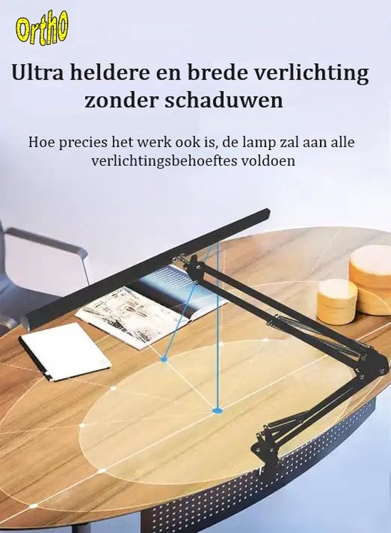 Ortho® - Lampe de bureau avec pince - Lampe de lecture - Lampe de moniteur - Travail à domicile - Lampe de travail manuel - Lampe de loisirs - Lampe de broderie - Double source de lumière - Lumière LED - Rechargeable par USB - Dimmable - Zwart