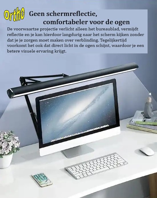 Ortho® - Lampe de bureau avec pince - Lampe de lecture - Lampe de moniteur - Travail à domicile - Lampe de travail manuel - Lampe de loisirs - Lampe de broderie - Double source de lumière - Lumière LED - Rechargeable par USB - Dimmable - Zwart