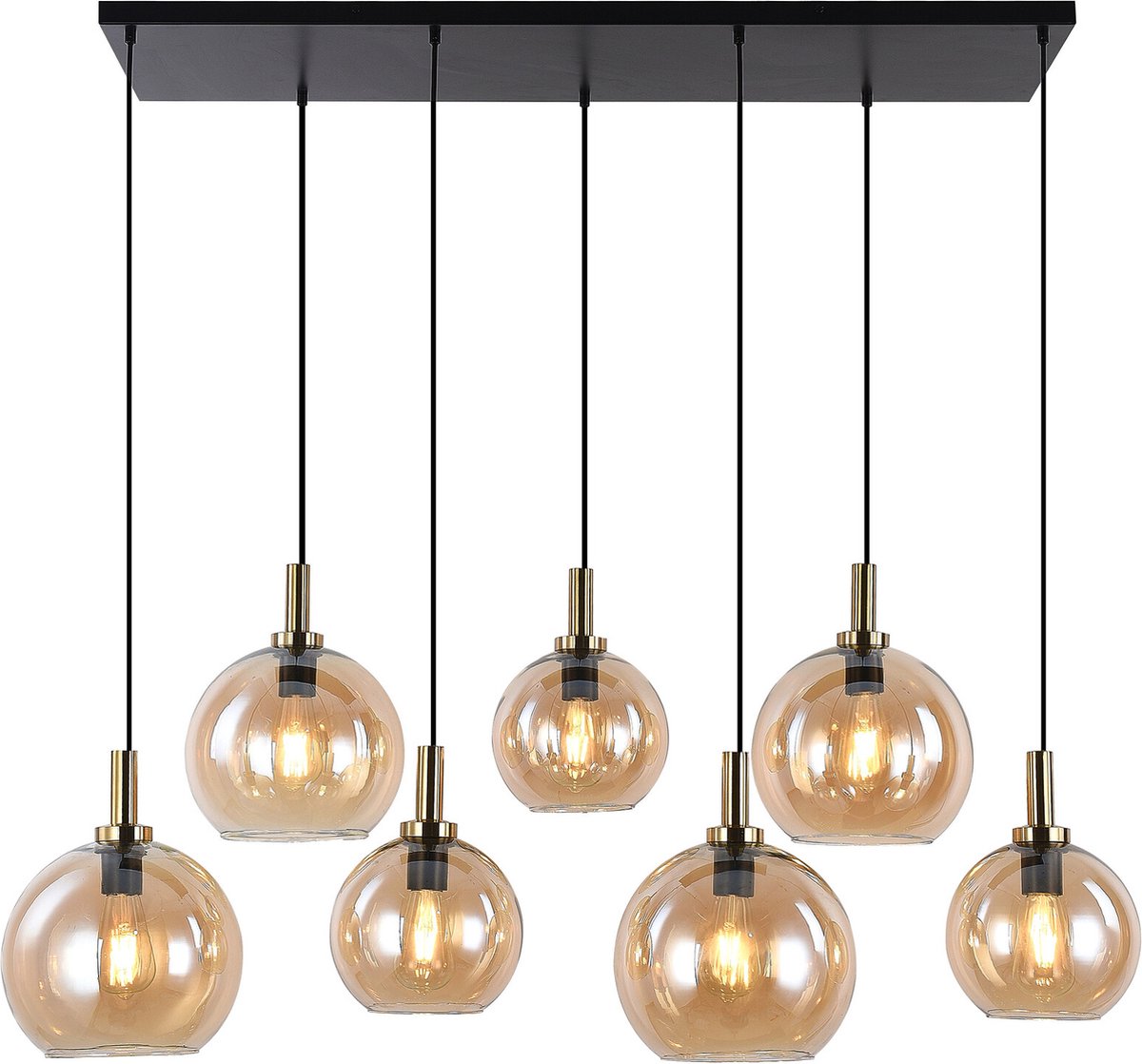 OSIRA Pendel E27 7L Zwart + goud, amber glas 3x Ã˜200mm, 4x Ã˜250mm