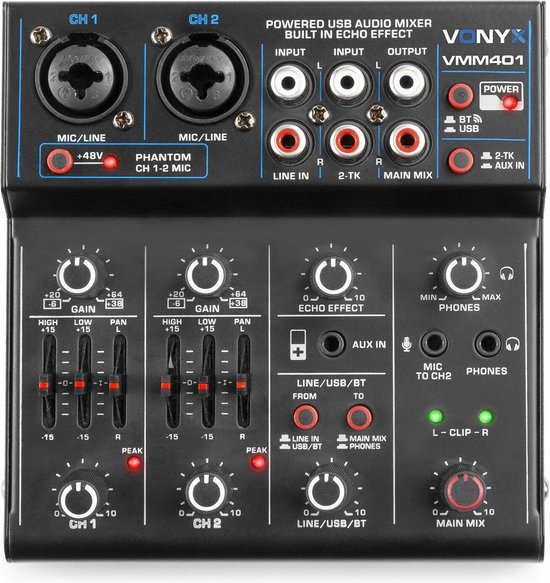 Mengpaneel mixer - Vonyx VMM401 - USB mixer met Bluetooth - 4-kanaals