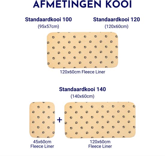 Afmetingen van de ren: 100x57cm, 120x60cm, en 140x60cm met pootjesprint fleece liners.
