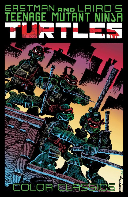 Vier Teenage Mutant Ninja Turtles met wapens, met rode bandana's, op een achtergrond van een stad bij zonsondergang.