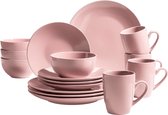 Moderne serviesset voor 4 personen 16-delig combiservies van keramiek steengoed roze met pastelkleuren