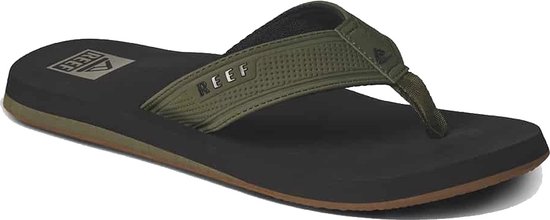 Zwarte slipper met olijfgroene band en bruine zool.