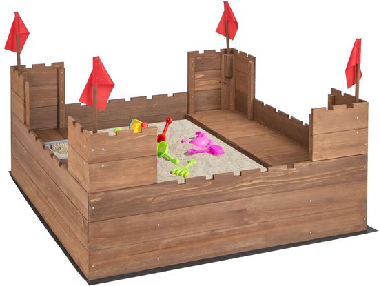 Costway Dennenhouten Kasteel Zandbak met Opbergvakken en Vlaggen 113 x 116 cm - Zandbak met Zitbank voor 1-2 Kinderen - Incl. Bodemafdekking - Vanaf 3 Jaar - Bruin