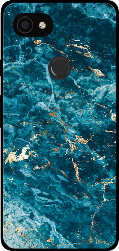 Telefoonhoesje voor Google Pixel 3A XL met marmer opdruk in blauw en goud.