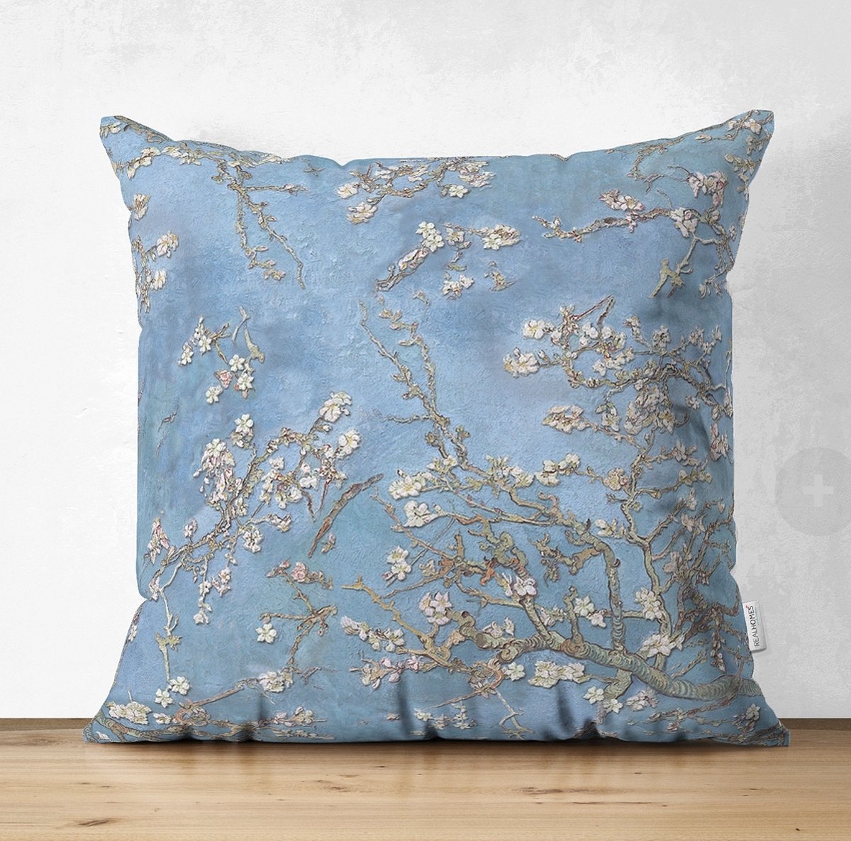 De Groen Home KUNST - Sierkussen Velvet - 50x50 cm - Van Gogh , Amandelbloesem - Inclusief binnenkussen - Fluweel Lichtblauw