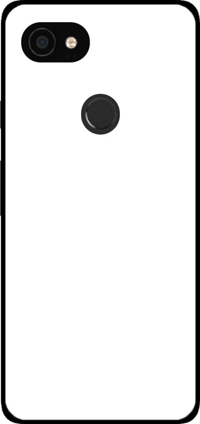 Wit, leeg Google Pixel 3A XL hoesje met zwarte rand. Camera en vingerafdruksensor zichtbaar.