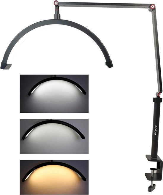 Halve Maan Desktop Lamp - Verstelbaar Bi-Color LED - Perfecte Verlichting voor Make-Up en Live Streaming - Flexibel Rotatie-ontwerp - Telefoonhouder Inbegrepen - Zwart