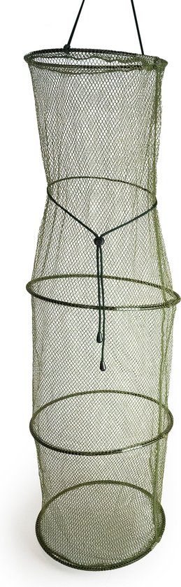 Groen, cilindrisch visnet met drie ringen, touwtje en knoop.