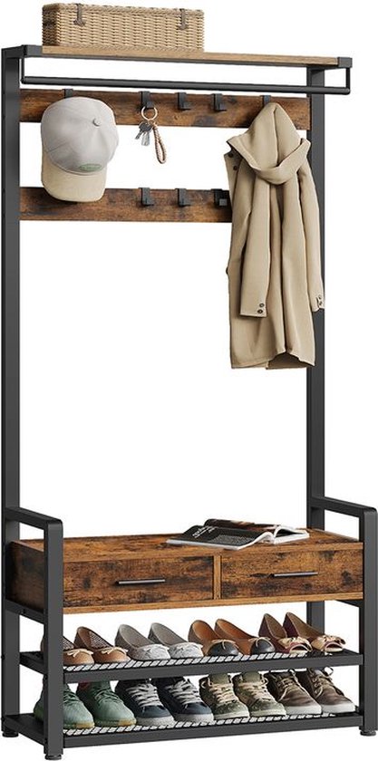 Signature Home Karako Portemanteau avec banc à chaussures - Porte-penderie 10 crochets - portant à vêtements - étagère à chaussures avec 2 tiroirs en tissu - 6 crochets latéraux - encre marron noir - 30 x 80,4 x 181,6 cm