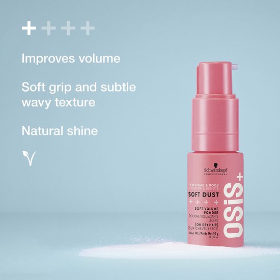 Coral Schwarzkopf OSiS+ Soft Dust volume poeder in een pompflacon op een blauwe achtergrond, met Engelse tekst.