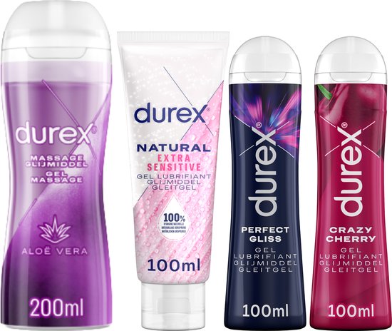 Durex Massage Aloe Vera 200ml, Natural Extra Sensitive 100ml, Perfect Gliss 100ml, Crazy Cherry 100ml.