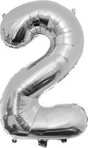 Folie ballon cijfer 2 - 86 cm - Zilver - verjaardag - jubileum - geschikt voor helium en lucht - inclusief rietje