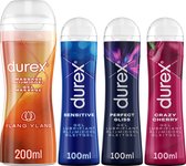 Durex – 4 Glijmiddelen op waterbasis en siliconen basis voor elke gelegenheid – Massage 2in1 Ylang Ylang 200ml – Crazy Cherry 100ml – Sensitive 100ml – Perfect Gliss 100ml –Voordeelverpakking 500ml - Voordeelverpakking