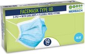 Merbach mondmasker blauw 3-lgs IIR oorlus- 50 x 50 stuks voordeelverpakking