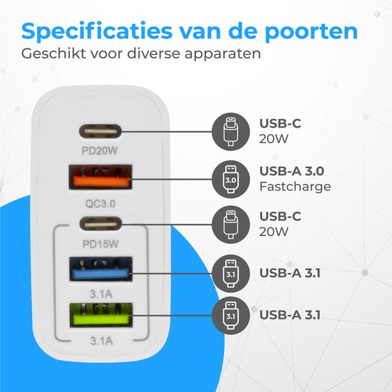 Nuvance - Adaptateur USB - 5 Portes - Prise USB - Chargeur USB - Convient à tout câble USB