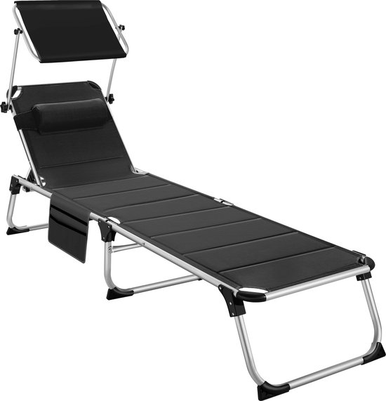 tectake® Ligbed Lorella met zonneluifel - Ligstoel - Zonnebed gestoffeerd - Inklapbaar - Voor in de tuin of op balkon - Met zijvak - Afmetingen (BxDxH) 220 x 60,5 x 34 cm - Zwart