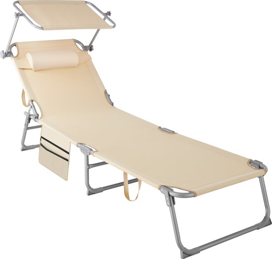 tectake® - ligbed Zonnestoel ligstoel - 4 standen , inklapbaar – beige - 68 x 190 x 28 cm, met zijvak