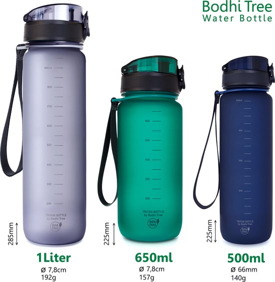 Bodhi Tree Drinkfles 1 Liter - Waterfles Volwassenen - BPA vrij - Sportfles - Bidon 1l - Sports Water Bottle - Grijs - Bodhi Tree