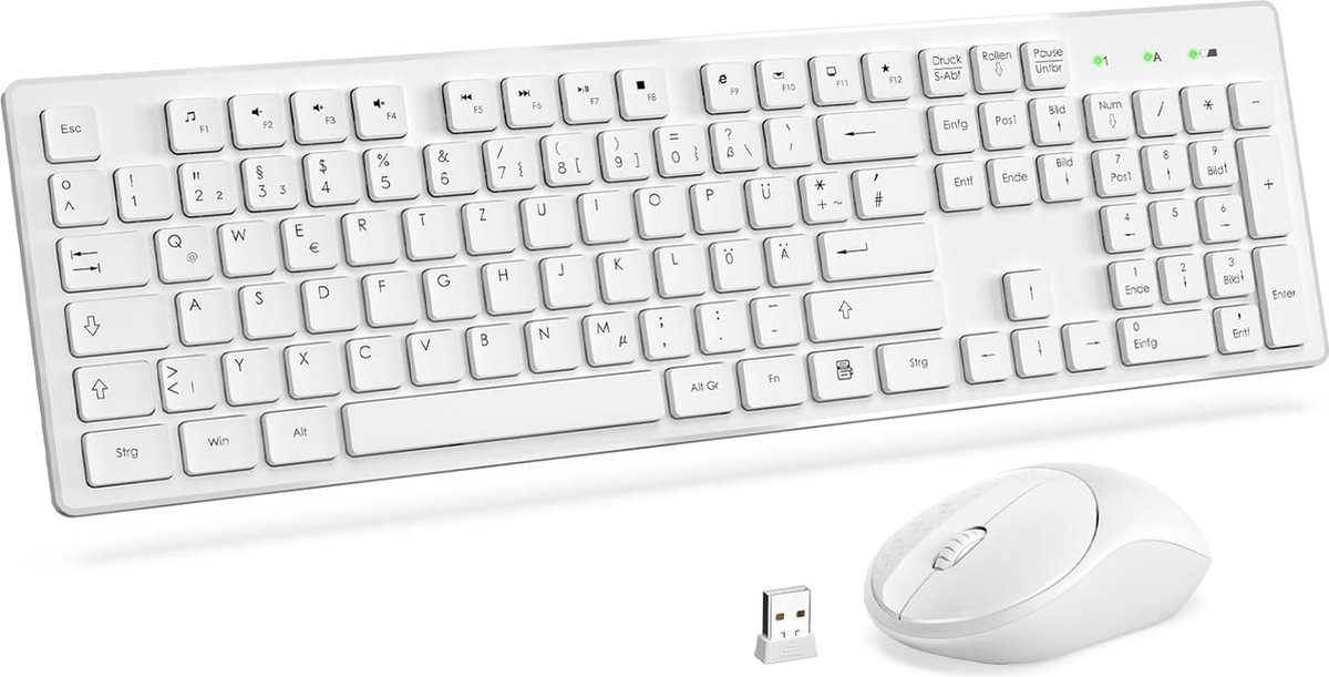 Toetsenbordmuisset Draadloos, 2,4 GHz ergonomisch draadloos toetsenbord, volledig toetsenbord met numeriek toetsenblok, stil met 1600DIP, voor Windows, pc, laptop - Duitse lay-out Wit