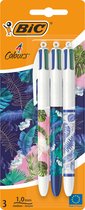 BIC 4 Kleuren Decor Balpennen Botanical -Serie - Verschillende Botanische Designs - Set van 3 Stuks - Medium Punt 1 mm