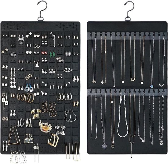 Sieradenopslag - 1 stuks hangende sieradenorganizer, opbergrol met hanger, metalen haak, dubbelzijdige sieradenhouder voor oorbellen, kettingen, ringen op kast, muur, deur