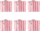Set van 6 Opvouwbare Boodschappentas Met Rits - Rode & Wit Gestreepte - Ideaal Reistas voor Boodschappen Doen, Huishouden, & Outdoor - 82 Liter Opbergtas - 55x30x50cm